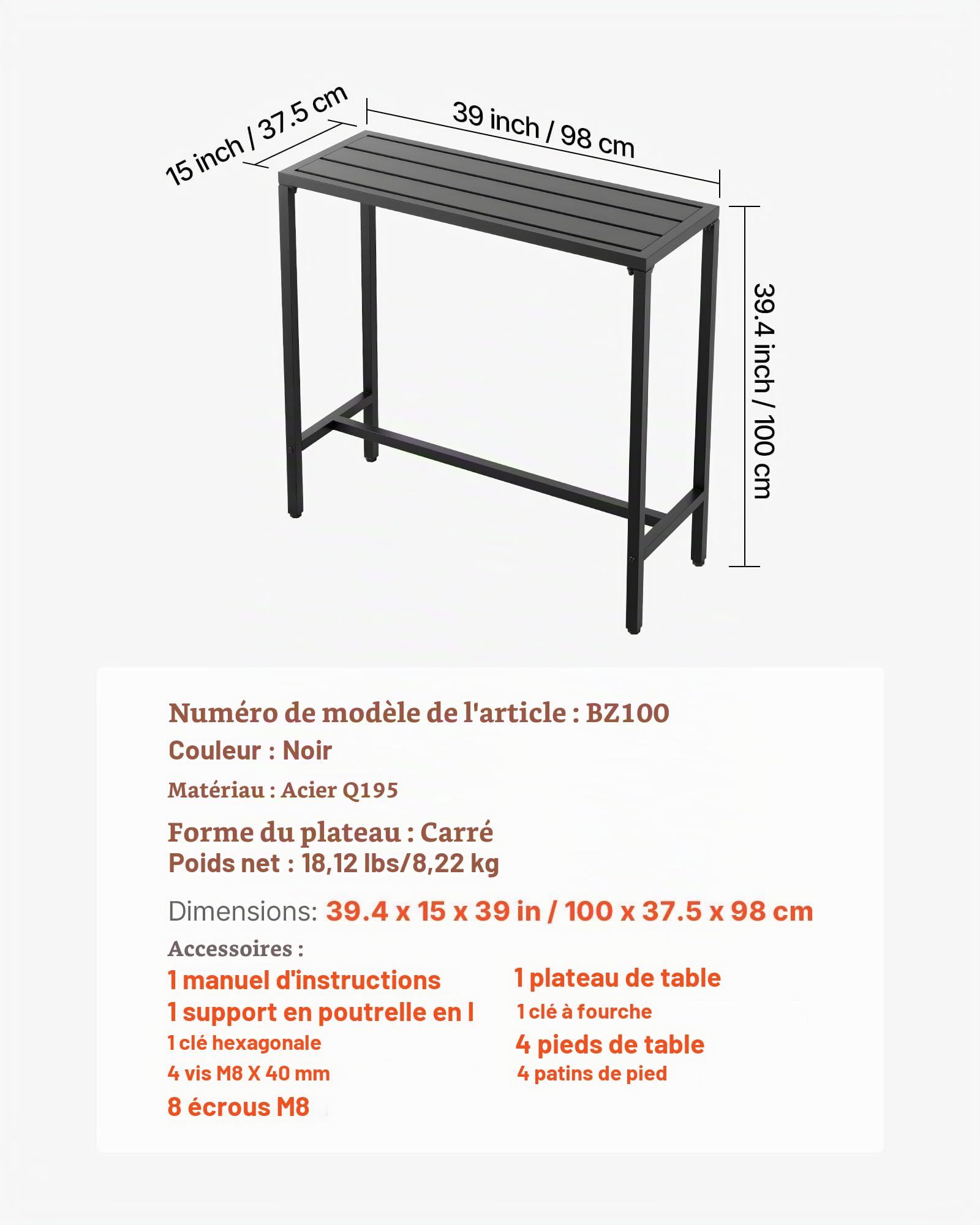 VEVOR Table de Bar Haute Extérieur, 100 x 37,5 cm, Table à Manger Rectangulaire, avec Plateau Étanche, Structure en Métal Robuste, Mobilier de Jardin pour Patio, Terrasse, Bord de Piscine, Intérieur