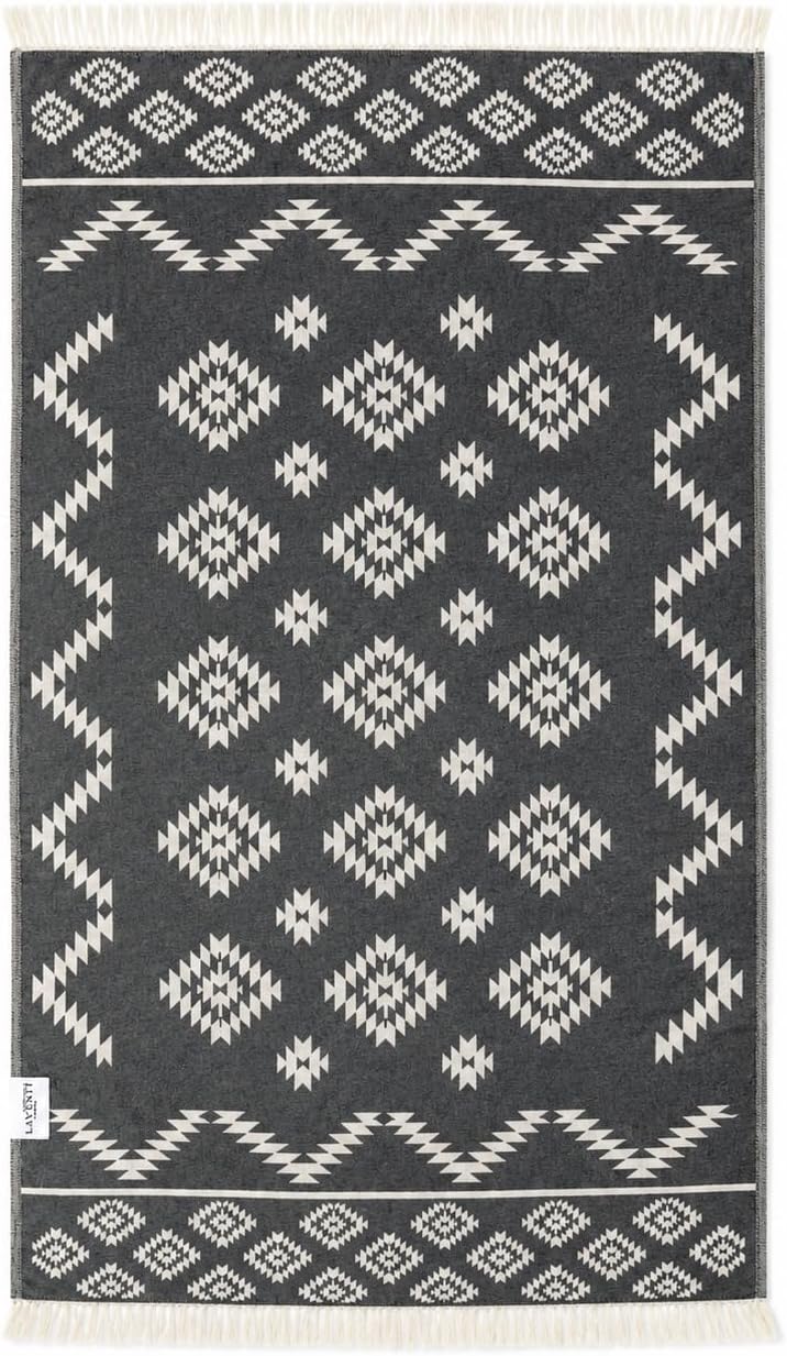 invisible la'venti Home Turkish Beach Towel – Black & Cream Kilim Beach Towel – 100% Turkish Cotton Quick Dry Sand Resistant Lightweight Pool Spa Travel Yoga Towel for Women & Men – 35 x 69 Inch
