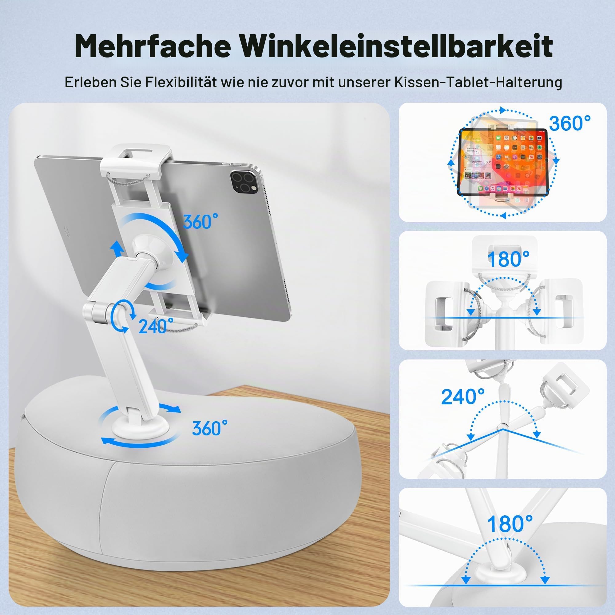 AboveTEK Tablet Kissen Halter, ipad Halterung für Schoß/Sofa mit Weichem Sitzsack, Mehrere Winkel Verstellbar Arm, ipad-Halter Bett für Kindle Handys Tablets von 4,7 bis 12,9 Zoll (Grau)