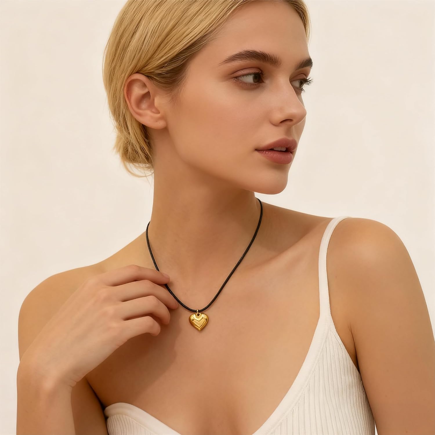 18K Gold Plated Heart Pendant Necklace, Hypoallergenic Adjustable Black String Necklace for Women