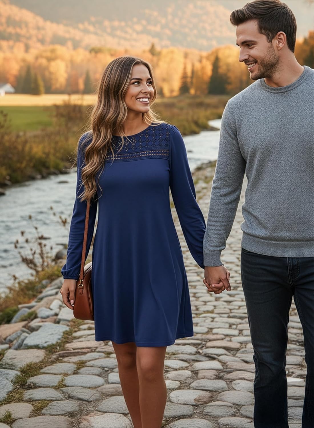 Dokotoo Spring Dresses for Women 2026 Crochet Lace Neck Long Sleeve A Line Shift Dress Flowy Swing Mini Dress - Image 9