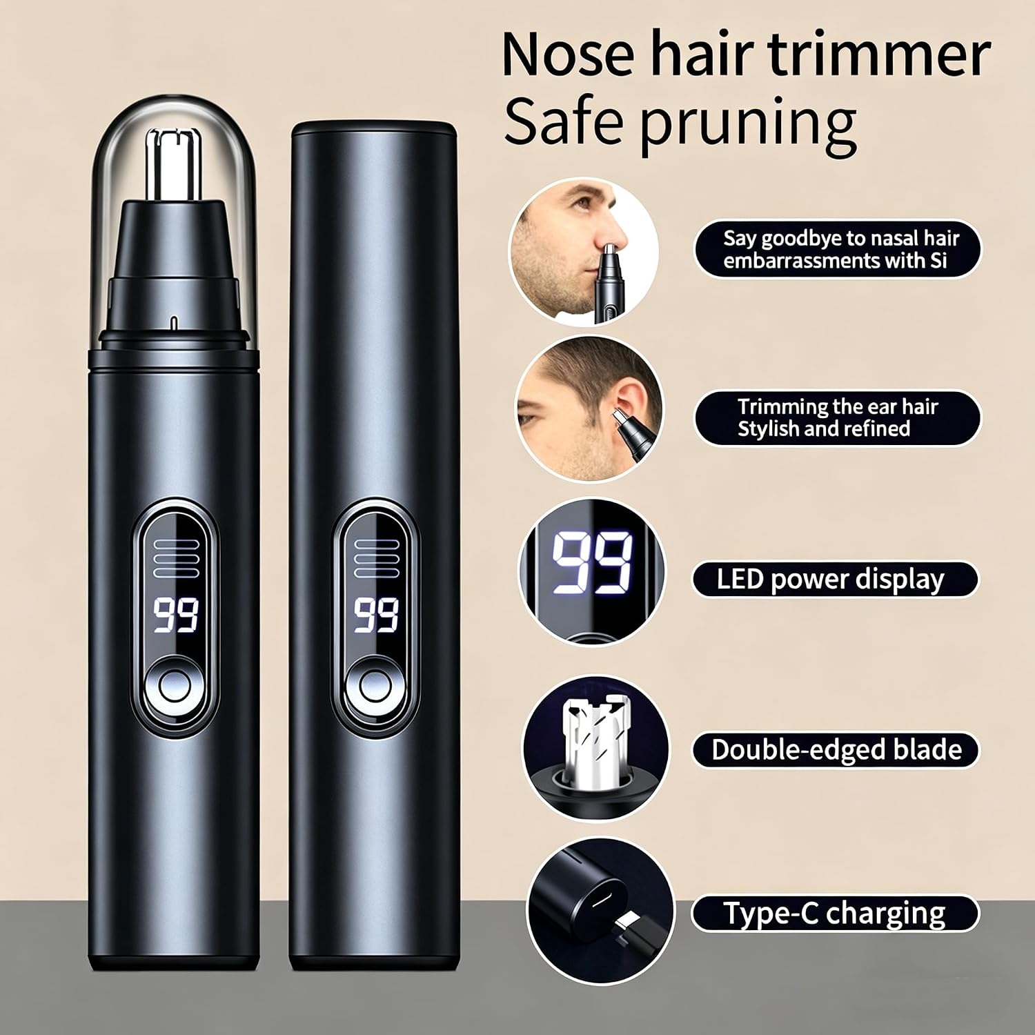 Electric Nose Hair Trimmer, Smart Safe LCD Display High Quality Model Portable Electric Nose Trimmer with USB Charging Li Battery Nose Hair Trimmer for Men & Women
