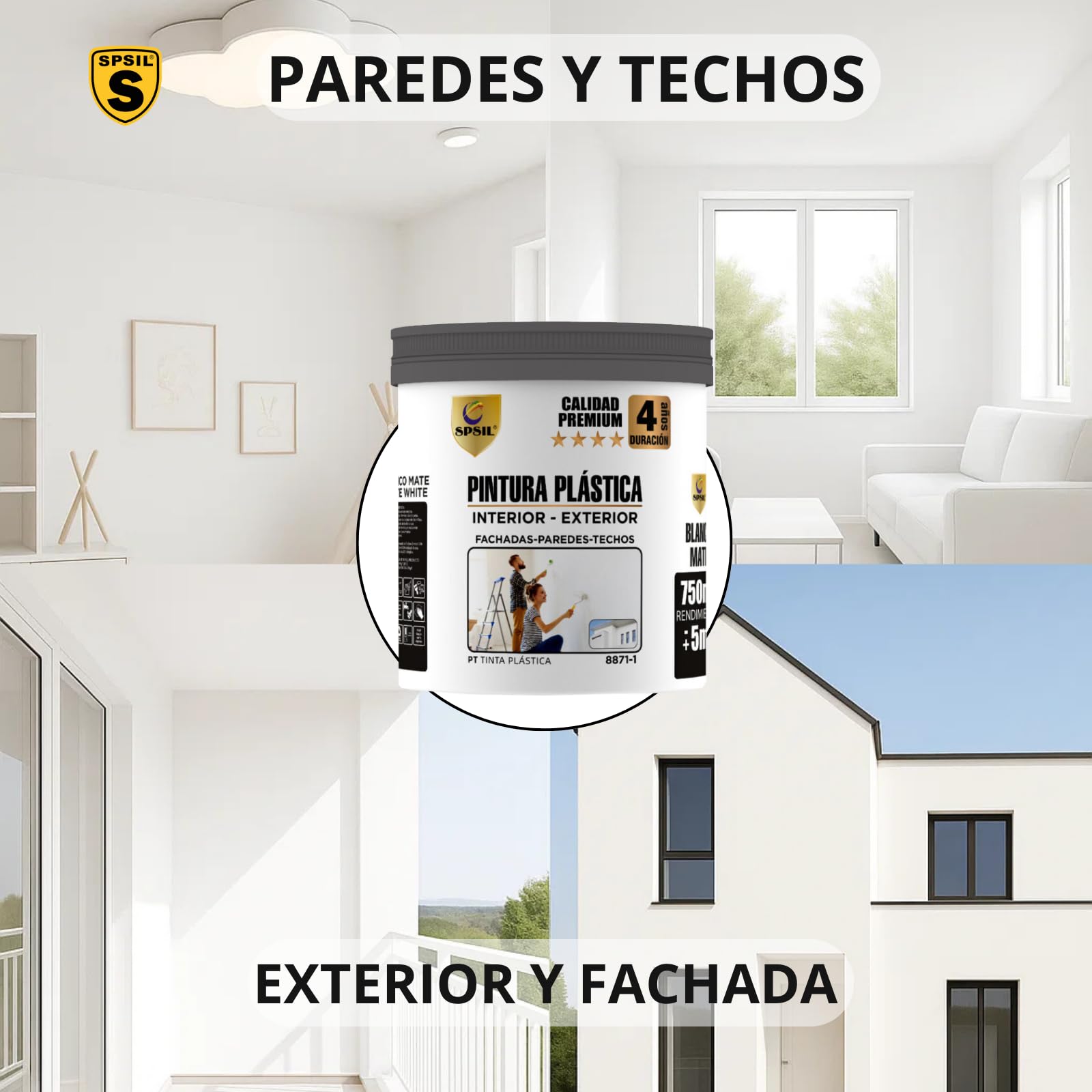 SPSIL Pintura Plática Interior - Exterior Blanco Mate PREMIUM - Resistente a la Intemperie - Para Paredes, Techos, Fachadas, Balcones - Transpirable, Secado Rápido (5 L/23 L) (23 L)