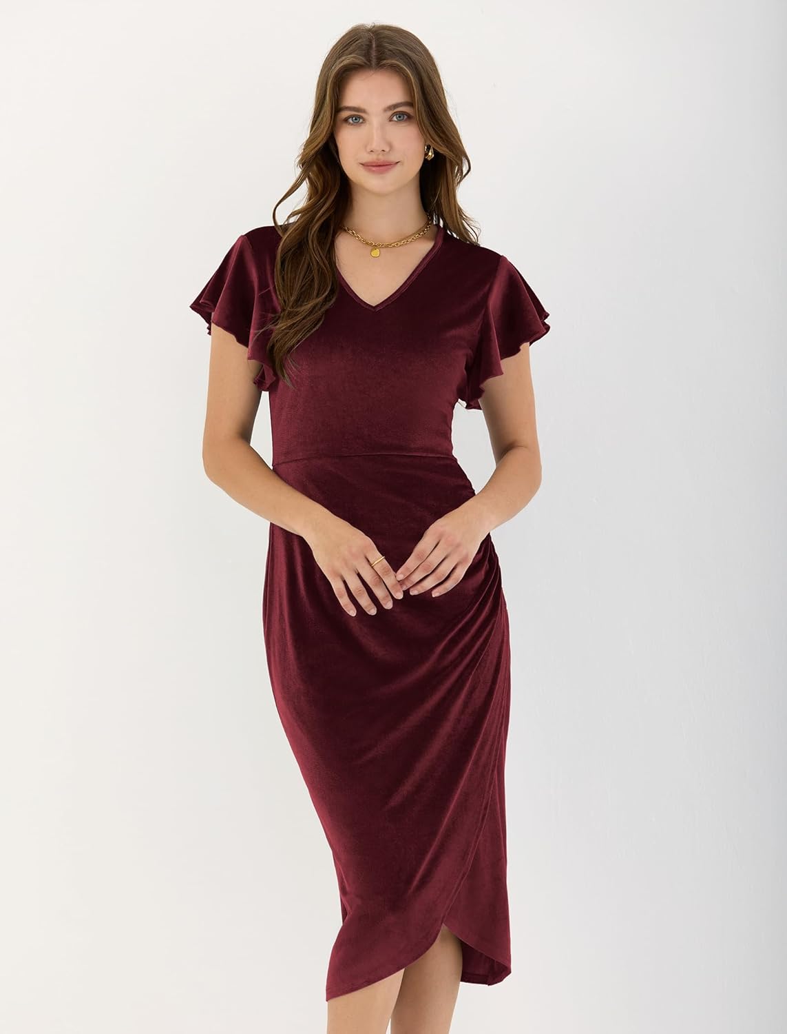 ZAFUL Velvet Dress for Women Wedding Guest Dress Ruffle Sleeve Ruched Bodycon Cocktail Party Dresses - Image 4