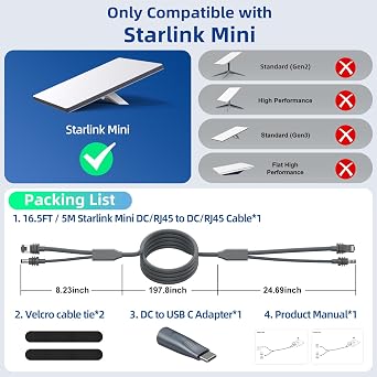 for Starlink Mini Ethernet Cable with Power Cord, 3 in 1 - RJ45 to RJ45 / DC to DC/DC to C, Replacement Waterproof Extension for Starlink Mini Cable Accessories (16.5FT/5M)