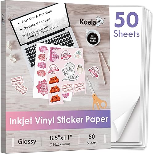 Koala Printable Vinyl Sticker Paper for Inkjet Printer - 50 Sheets White Glossy Sticker Paper, Waterproof Sticker Printer Paper 8.5x11 Inch, Tear-Resistant, Removable