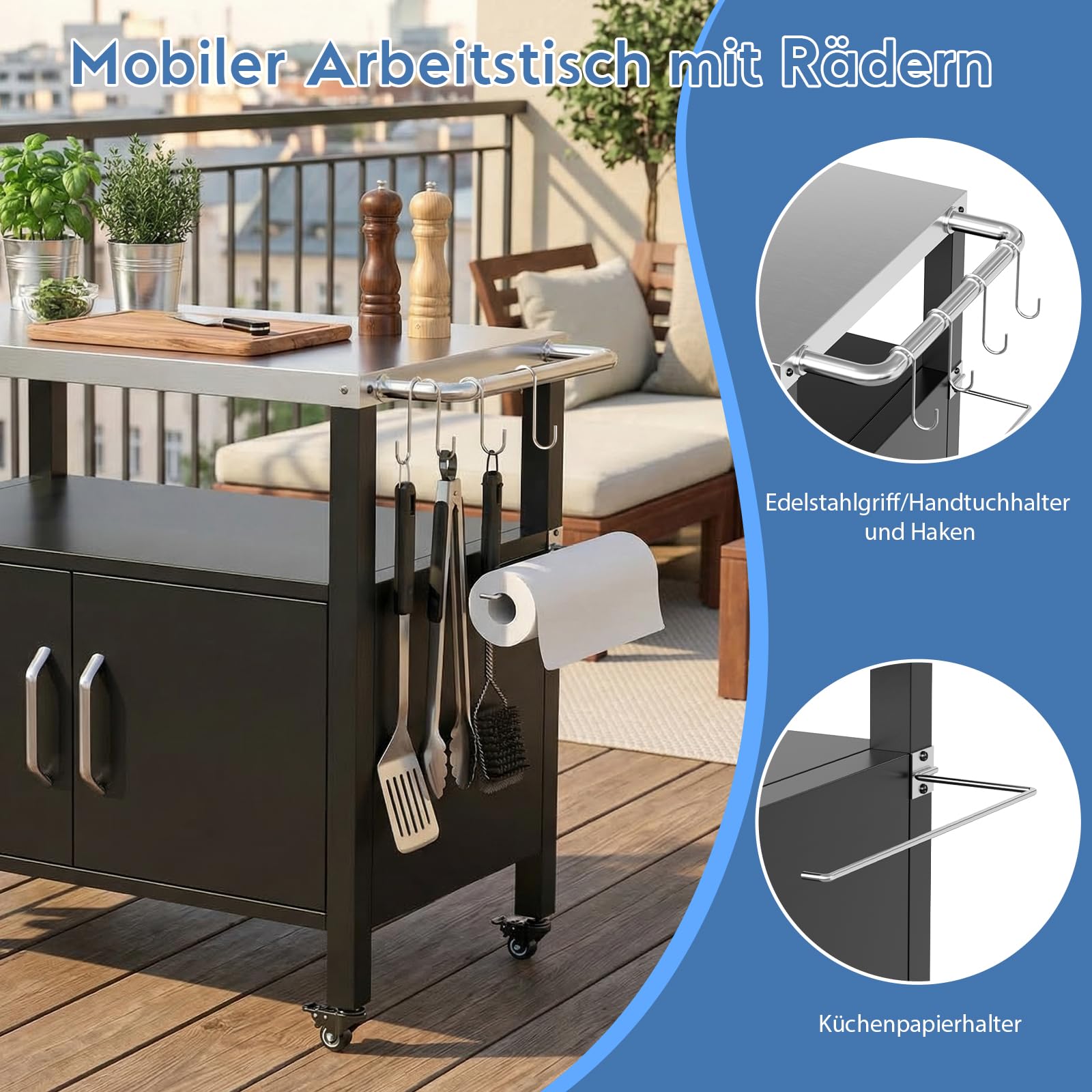 TLSUNNY Grilltisch mit Edelstahlplatte, Grillwagen Outdoor mit Schrank, Grill Trolley Küchenwagen mit 4 Rollen, Grill Beistelltisch Servierwagen für Garten Terrasse Picknicks Partys, 112 x 51 cm