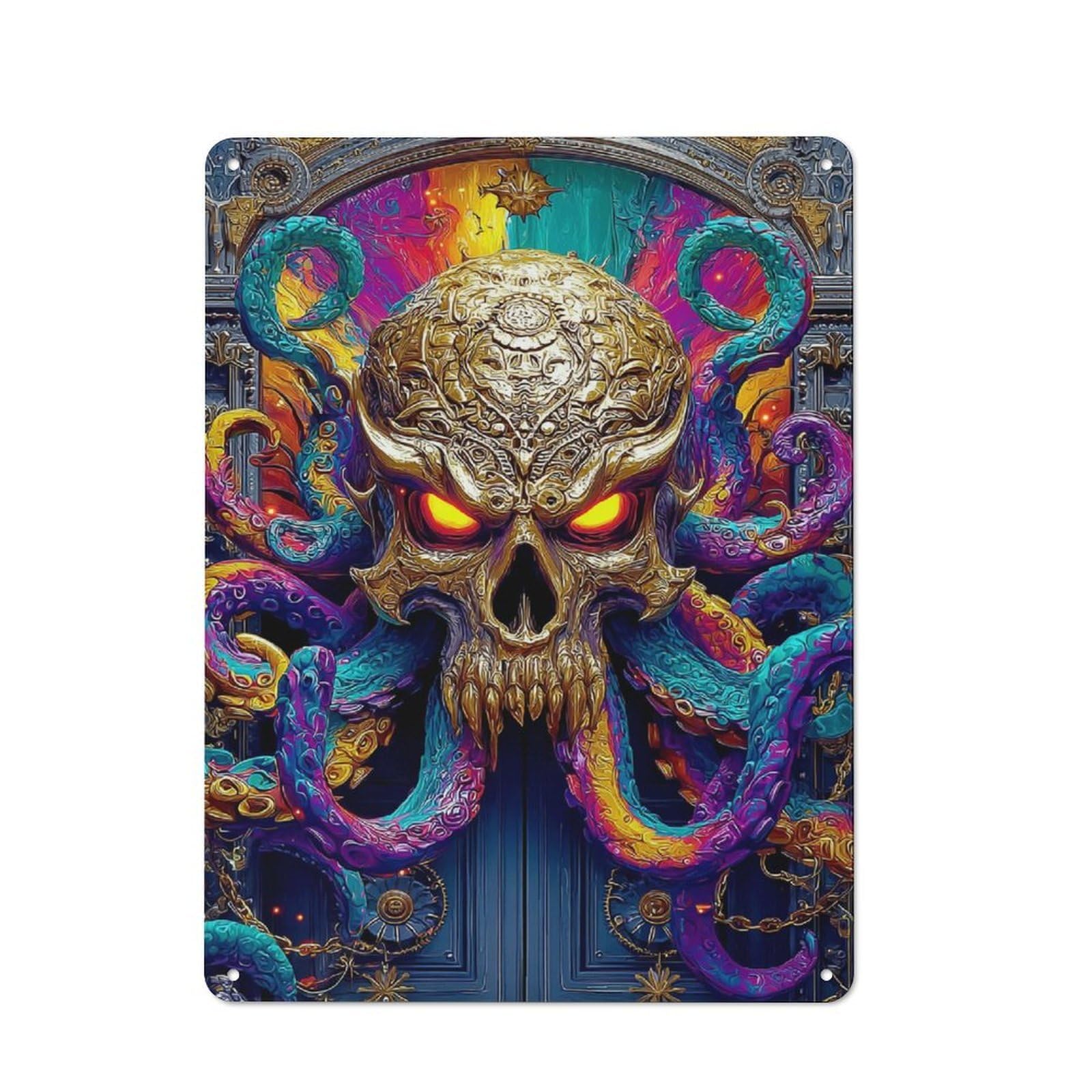 Golden Skull with Tentacles Rustic Tin Sign 40x30cm, Vintage Porch Wall Decor for Conservatory, Home Bar Or Utility Room