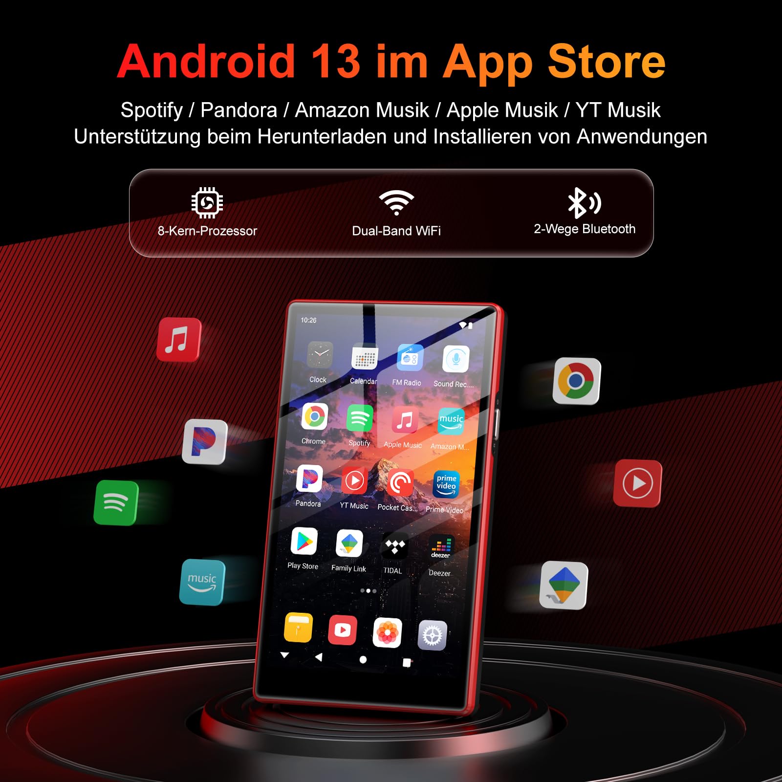 160GB MP3 Player mit Bluetooth und WiFi, Oilsky 5" HD MP4 Player mit Spotify, Audible, Amazon Music, Deezer, Musik-Player Android 13 mit Touchscreen und Lautsprecher