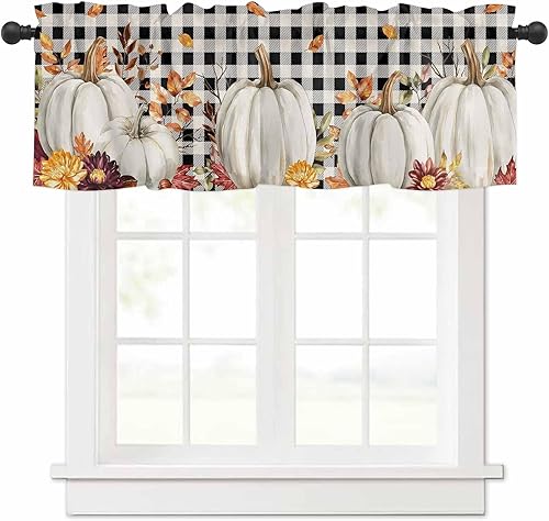 Cenefas de calabaza de otoño para cocina, cafetería, verduras de granja, hojas retro, flores, cenefa de ventana, cortinas cortas de 42 x 12 pulgadas