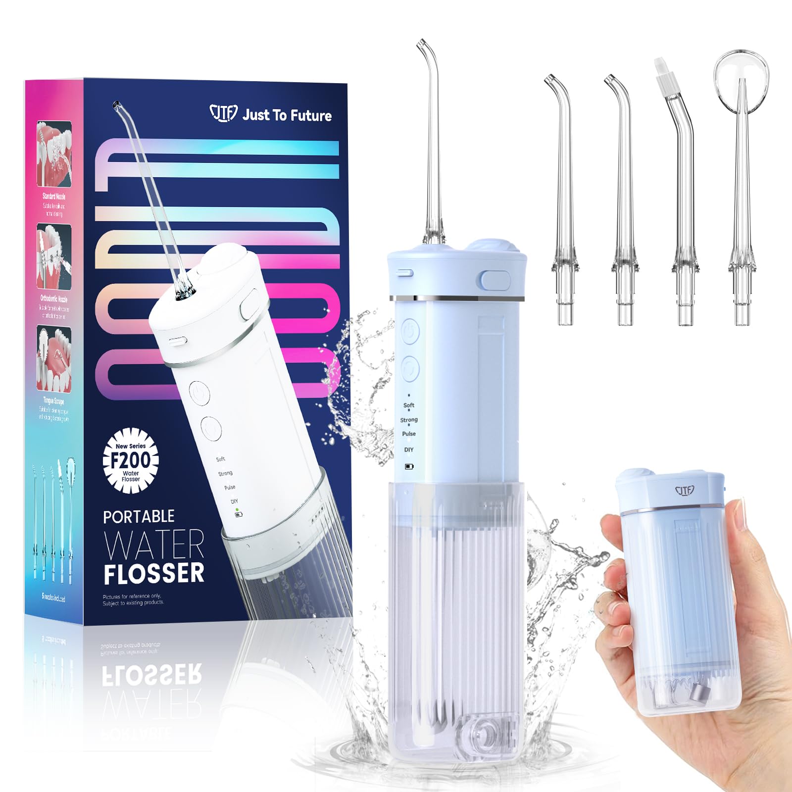 JTF Oral Irrigator Mini, Portable Dental Cordless Electric Cleaning Travel with 5 Nozzles, 4 Pulse Modes, 230ML Retractable Water Tank, IPX7 Waterproof (Blue)