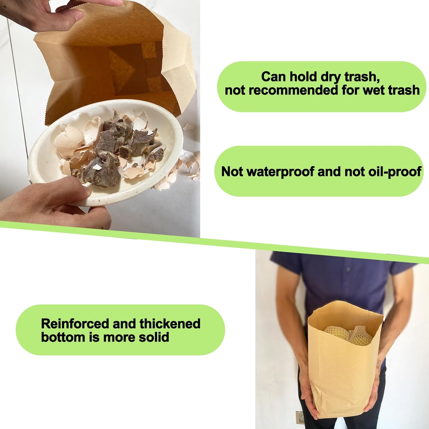 Kitchen Food Waste Bags, 100PCS Compostable Paper Garbage Bag, Recycling Paper Trash Bag for Dry Rubbish, Plastic Free