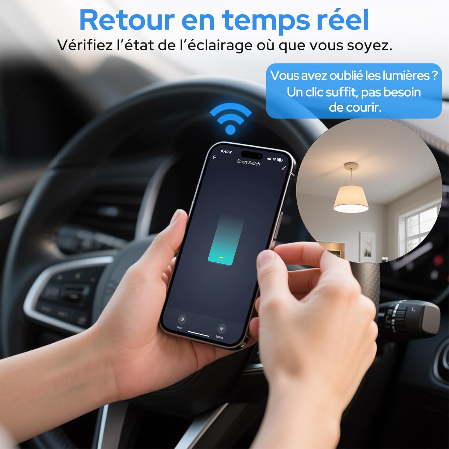 Person checking the real-time status of a smart light on their phone while in a car, indicating remote monitoring.