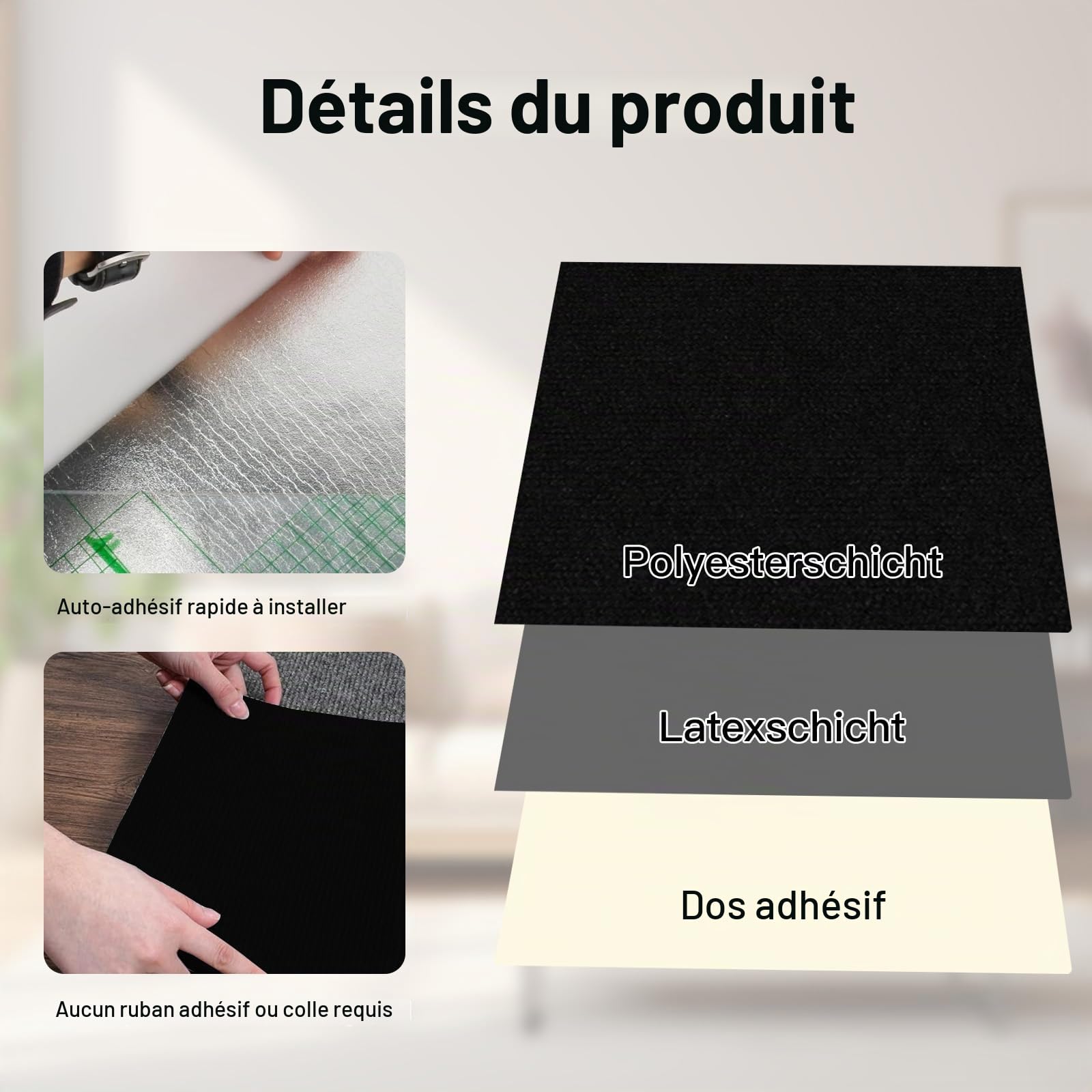 Carreaux de tapis, auto-adhésifs, 50 x 50 cm, lot de 10 pièces, 2,5 m², auto-adhésifs, pour moquette, résistant, pour maison, bureau, commercial, noir