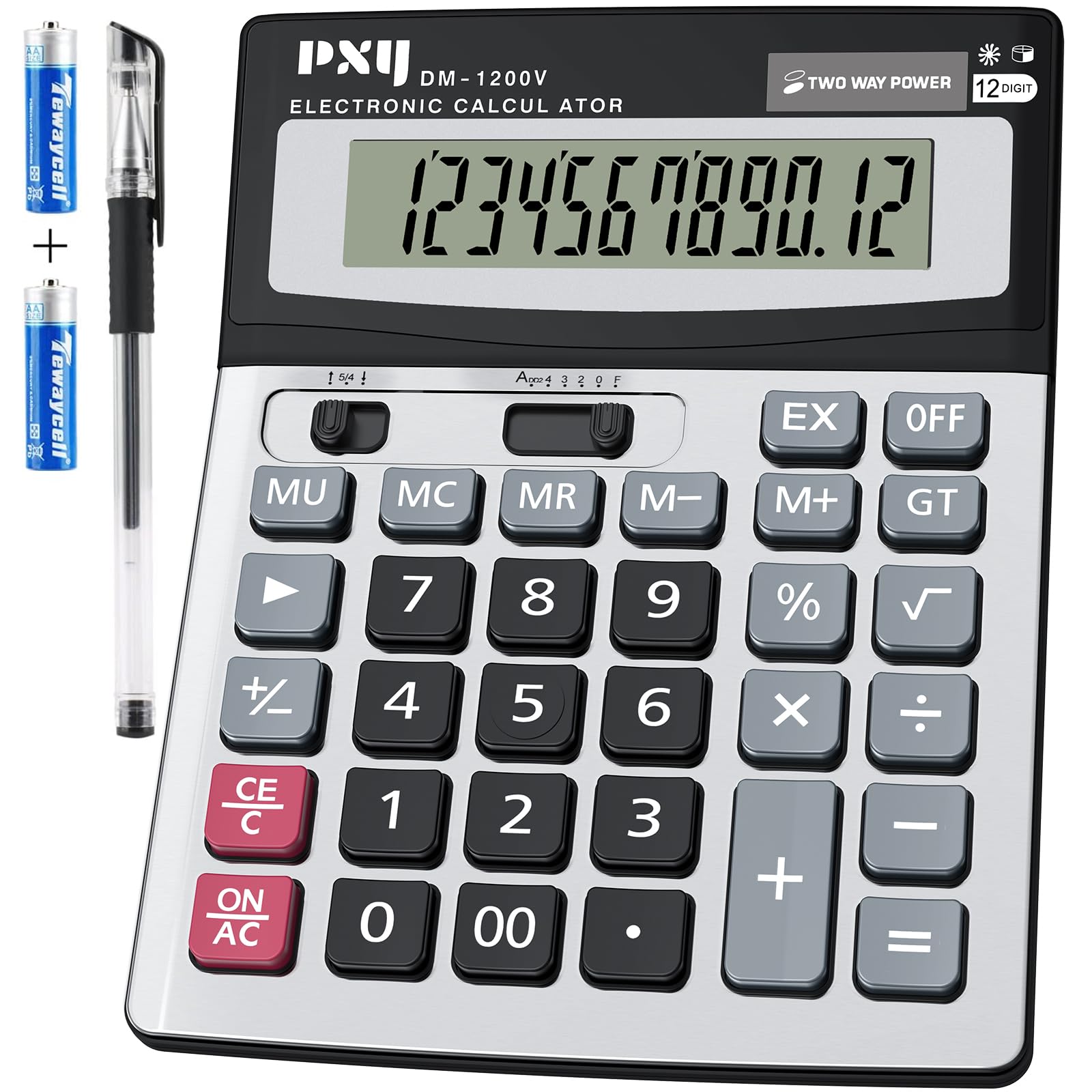 Desk Calculator 12 Digit Extra Large LCD Display, Touch Comfortable with Big Buttons, PXY Two Way Power Battery and Solar Standard Function Office Calculators
