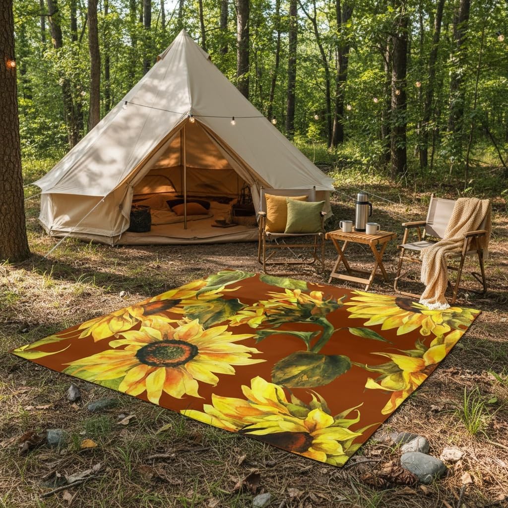 Burgundy Yellow Sunflower Modern Square Indoor Outdoor Area Rug for Patio Deck Backyard Balcony Washable Waterproof Floor Carpet Mat Livingroom Bedroom Laundry Rug 8x8