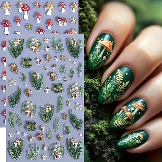 Mushroom Nail Art Stickers 5D Embossed Nail Decals Self-Adhesive Mushroom Frog Star Leaf Plant Flower Nail Design Supplies Spring Summer Nails Accessories for Women DIY Manicure Decoration 2 Sheets