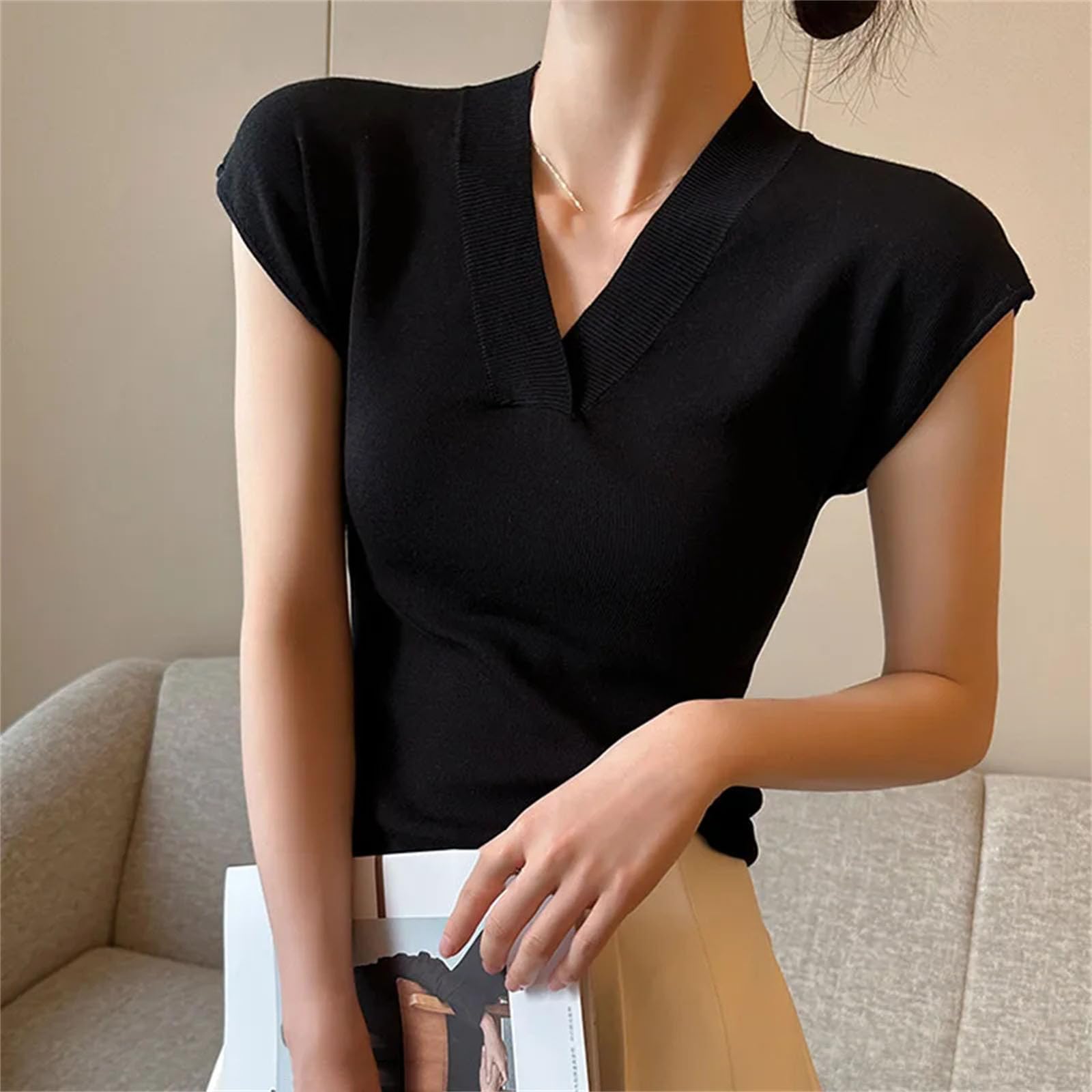 Top da donna con scollo a V, tinta unita, sottile, senza maniche, morbido, elastico, da ufficio