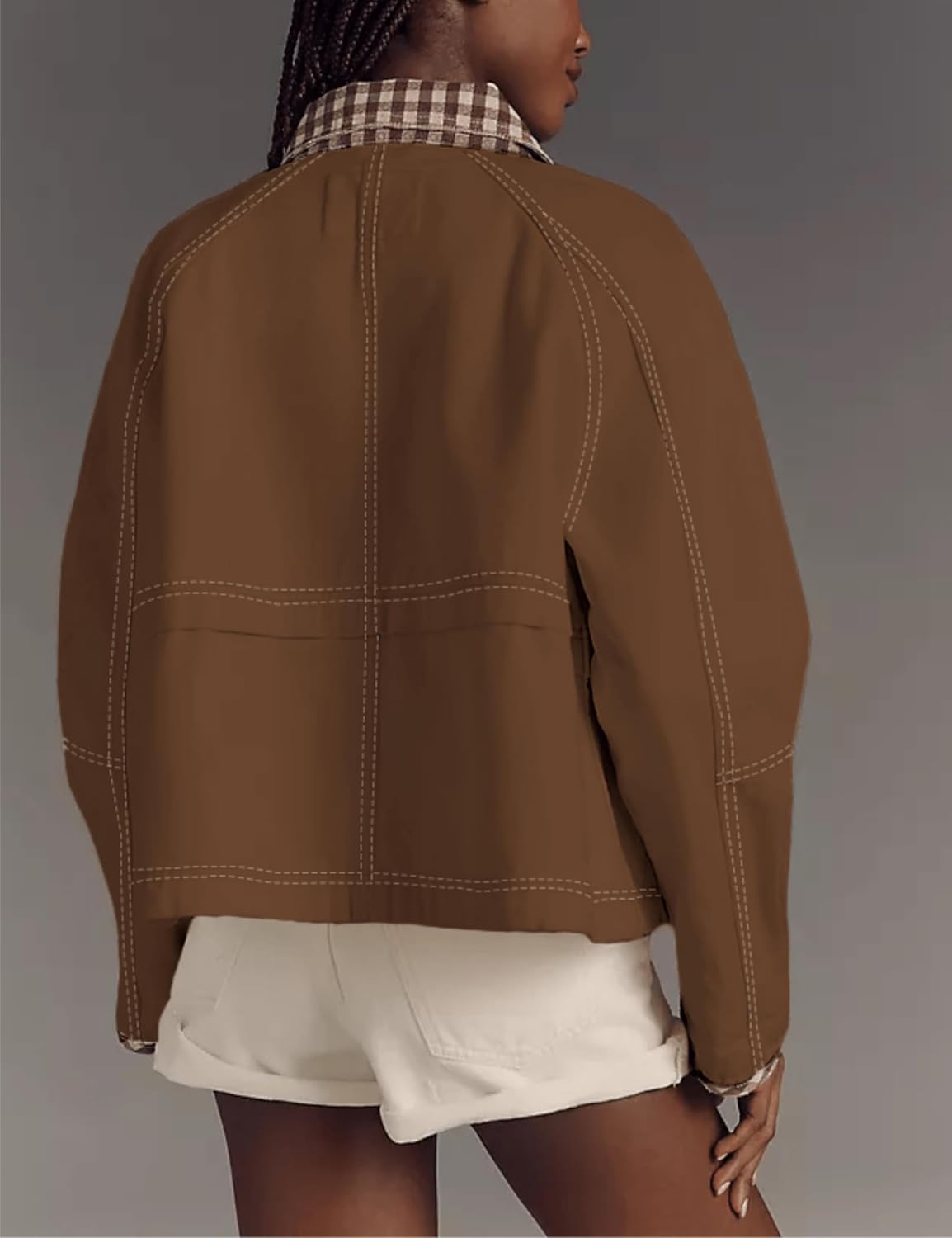 Aimiray Cropped Bomber Jacket Women Zip up Plaid Barn Jacket Casual Gingham Fall Coats with Pockets - Image 2