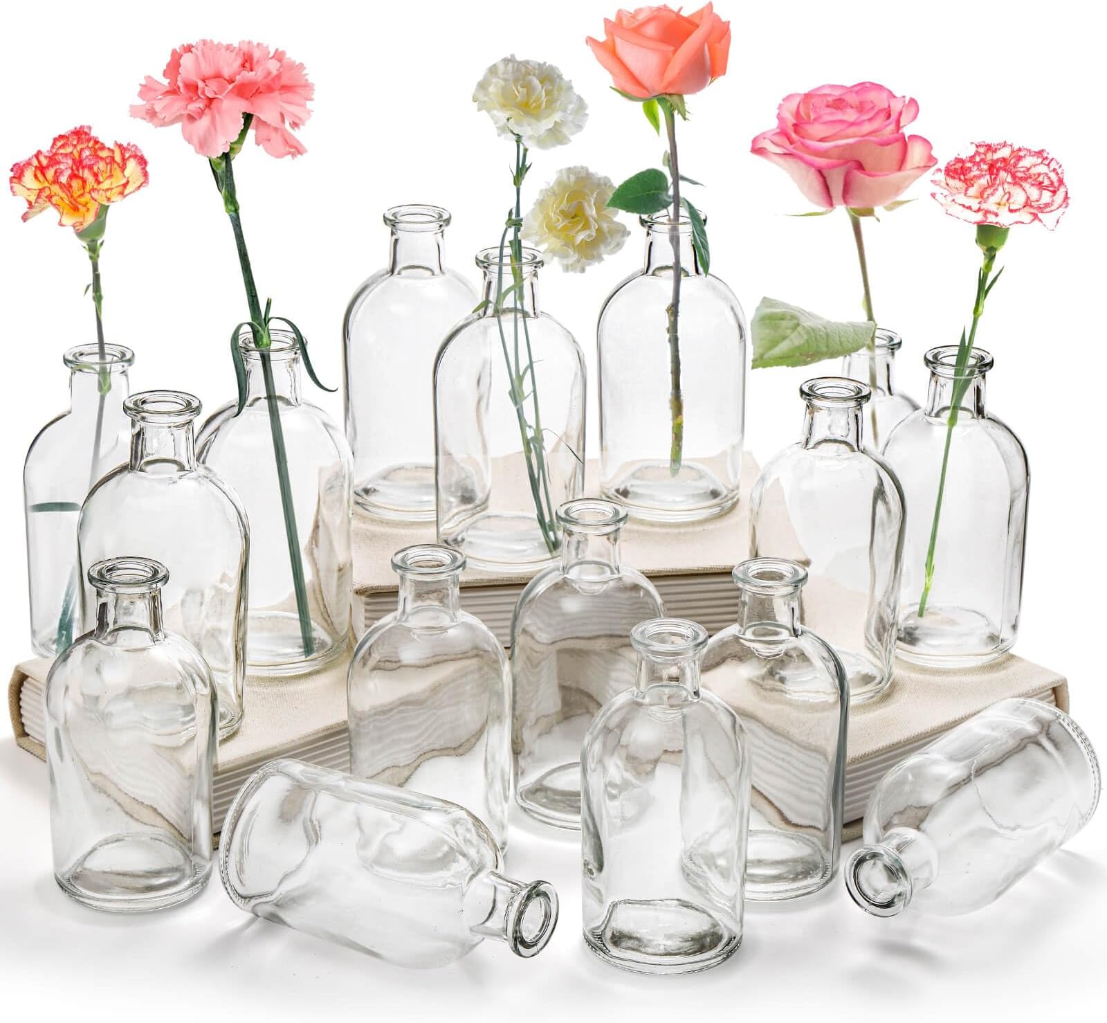 YOUEON 16 Pack Clear Glass Bud Vases, Small Bud Vases in Bulk, Glass Flower Vases for Centerpieces, Vintage Decorative Bottle Vases for Flowers, Home Decor, Wedding Reception, Office