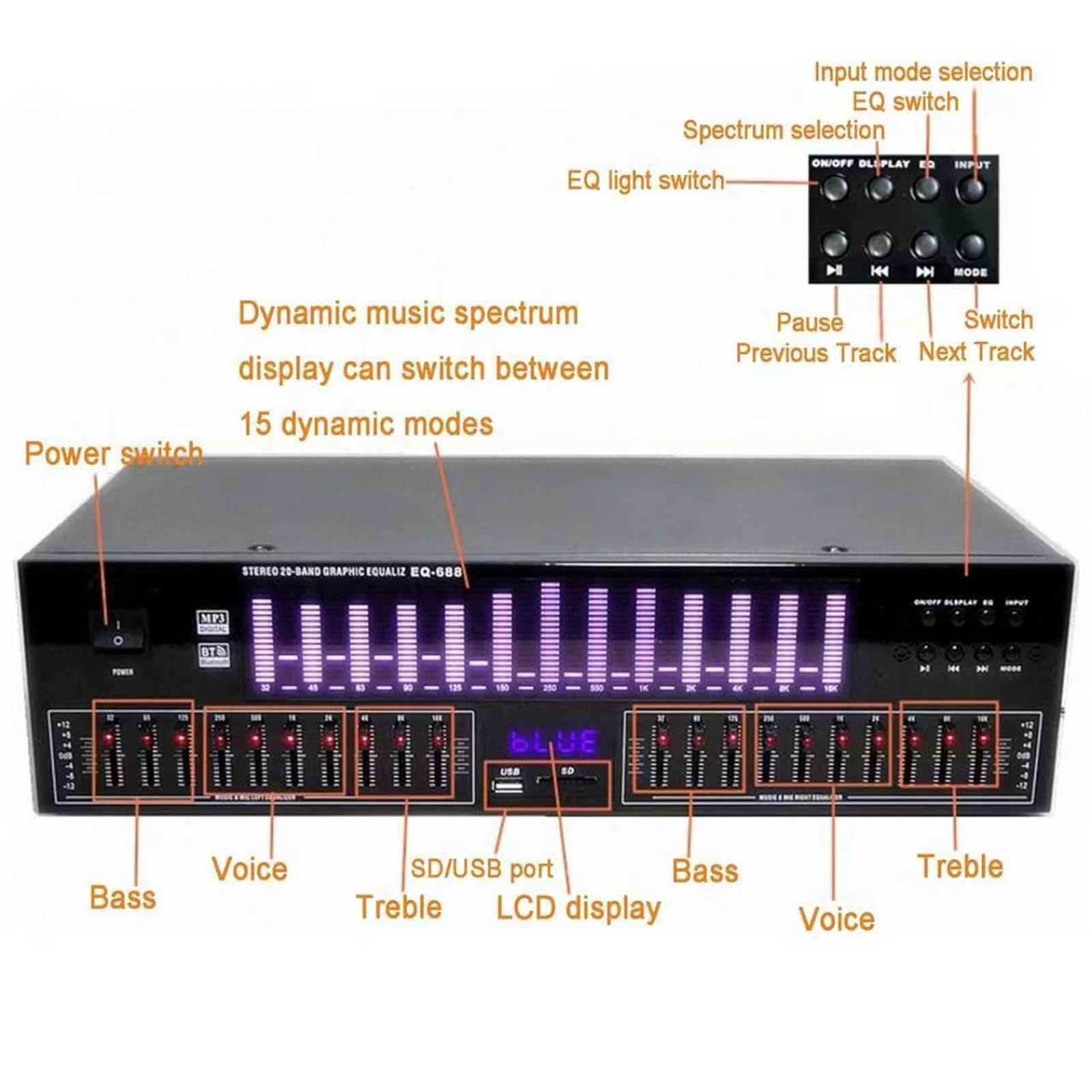 Equalizzatore Grafico Hi-Fi, Equalizzatore Digitale A 20 Bande, Analizzatore Di Spettro Con Telecomando, Display A LED Dello Spettro, 15 Stili Dinamici, Funzione Riduzione Rumore