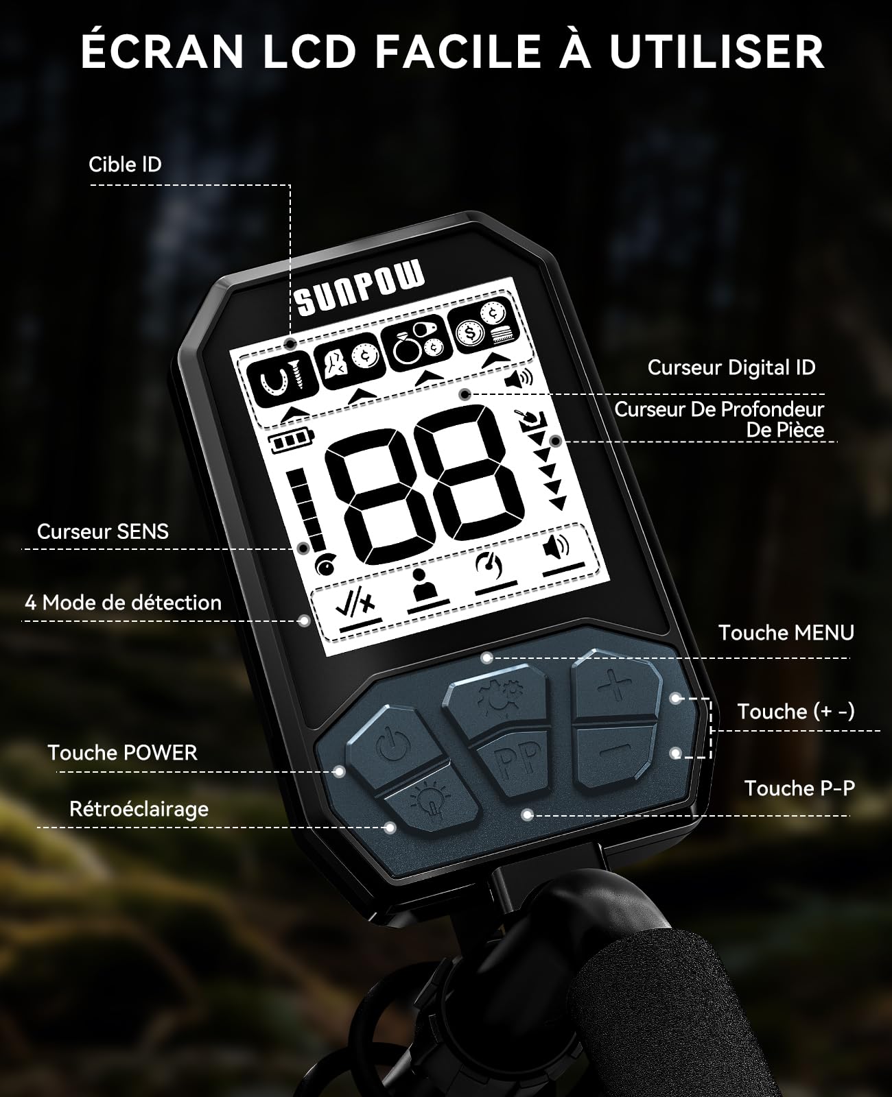 SUNPOW Détecteur de Métaux Rechargeable, 20 h Batterie Longue Durée – 4 Modes de Détection d’Or – Bobine de Recherche Étanche IP68 de 8 Pouces avec Rétroéclairage LCD, Adapté aux Adultes et Enfants