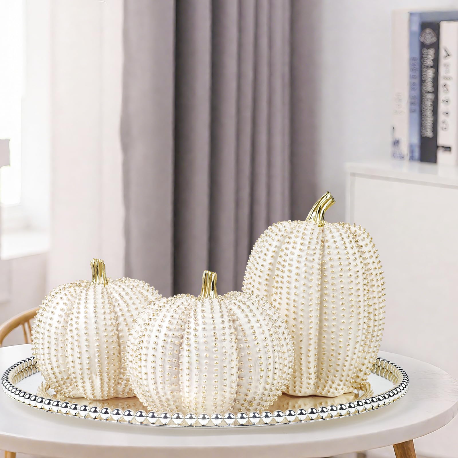 Fangoo 3 Pezzi Resina Zucche Decorazioni Glitterate Bianche e Dorate Centrotavola per Fattoria Autunno Regalo Cucina Decor per Ringraziamento e Raccolto, Centrotavola, Camino, Casa, Ufficio o Fest