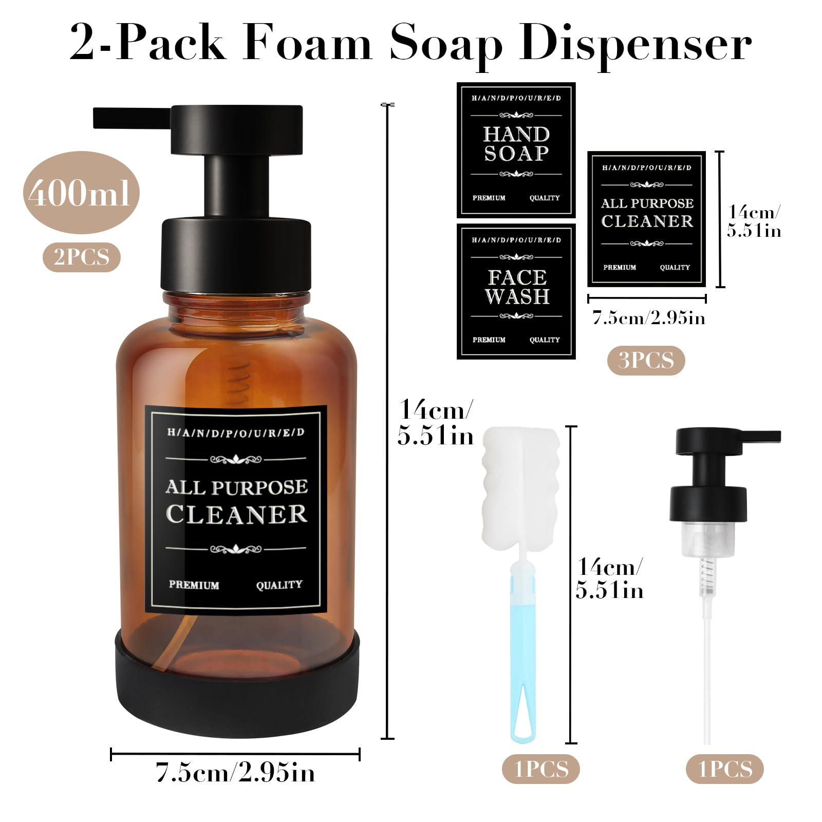 2 Peezi 400ml Distributori di Sapone in Schiuma, Maxumille Marrone Schiuma Dispenser Sapone Bagno, Flaconi Riutilizzabili per Shampoo con Mano Antiscivolo, per Bagni e Cucine Hotel
