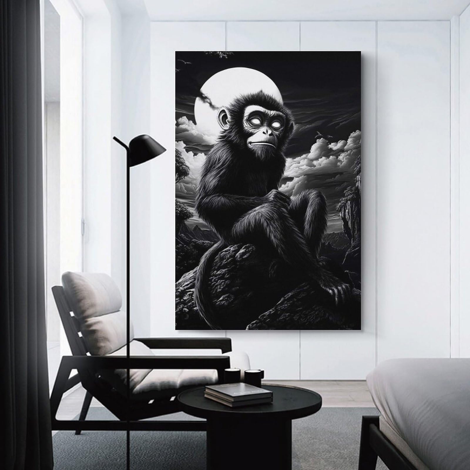 Junmoney Monkey Under The Moon Canvas Wall Picture, 20x30inch(50x75cm), for Front Hall, Corridor Or Welcome Spaces, Wall Decor to Refresh Empty Corners