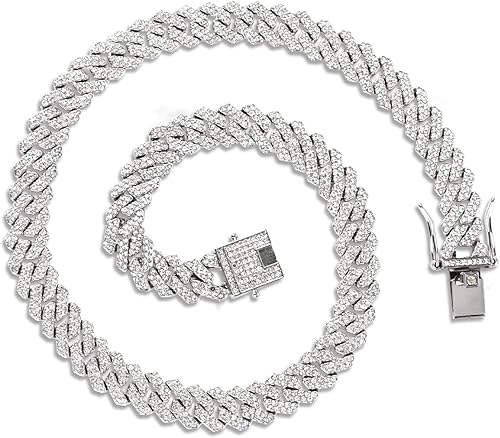 GAFATORY Cuban Link Chain for Men Silver Iced Out Miami Cuban Necklace Bling Dia