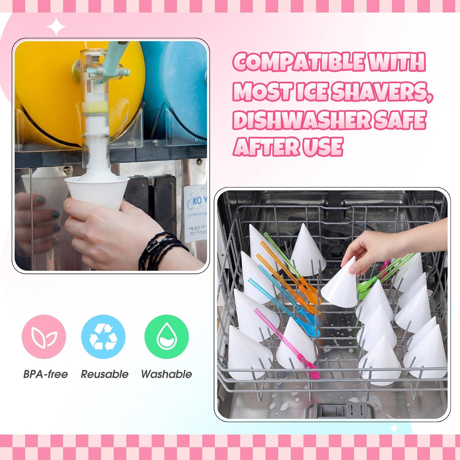 FoldTier 20 Pack Reusable Snow Cone Cups with 20 Spoon Straws 6oz Leakproof Plastic Shaved Ice Cups Dishwasher Safe for Snow Cone Machine Syrups Slush Sorbet Summer Ice Cream Party(White)
