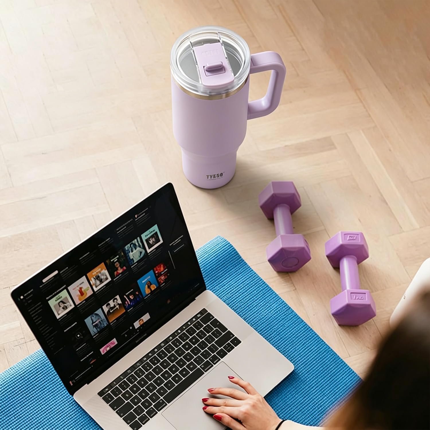TYESO Vacuum Insulated Tumbler Water Bottle Cold Insulation Stainless Steel Bottle Straw Handle Mug Double Wall Wide Mouth (PURPLR, 40 oz)