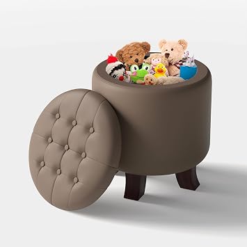 Storage Round Ottoman, 15.5 Inch Foot Rest Stool, Side of Bed Bench, Upholstered Large Ottoman Chair with Storage for for Living Room, Bedroom, Entryway, Brown
