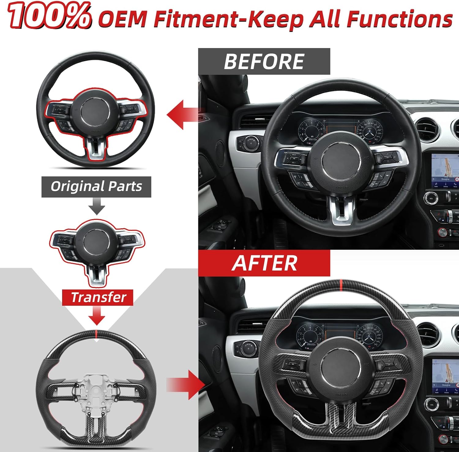 Hydro-dip Carbon Fiber Steering Wheel Includes Matching Trim Bezels, for Ford Mustang 2018-2023 GT EcoBoost Shelby GT500, Red Stripe Flat Bottom, Non-Heated
