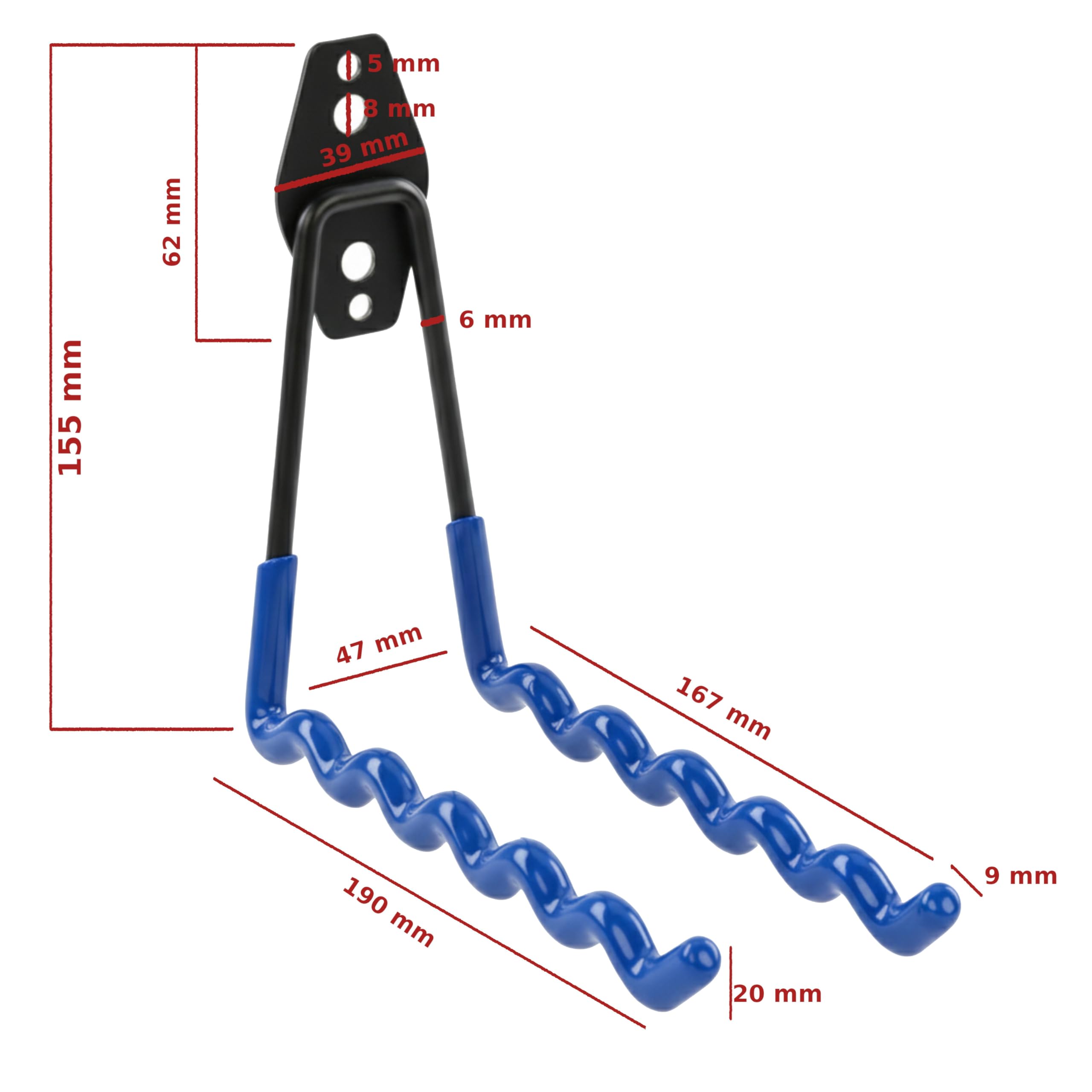 botle Set di 10 ganci da parete, ganci per attrezzi, per utensili elettrici, forma d'onda 19 cm, rivestimento in PVC, per garage, capannoni, biciclette o tubi da giardino, doppio gancio, portata fino