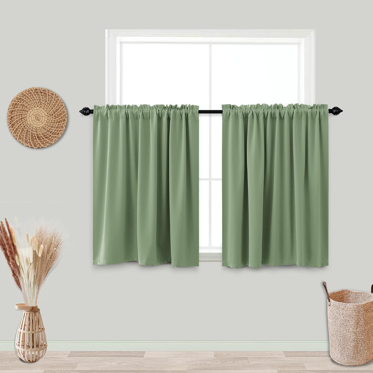 KOUFALL Sage Green Curtains 36 Inch Length for Bathroom