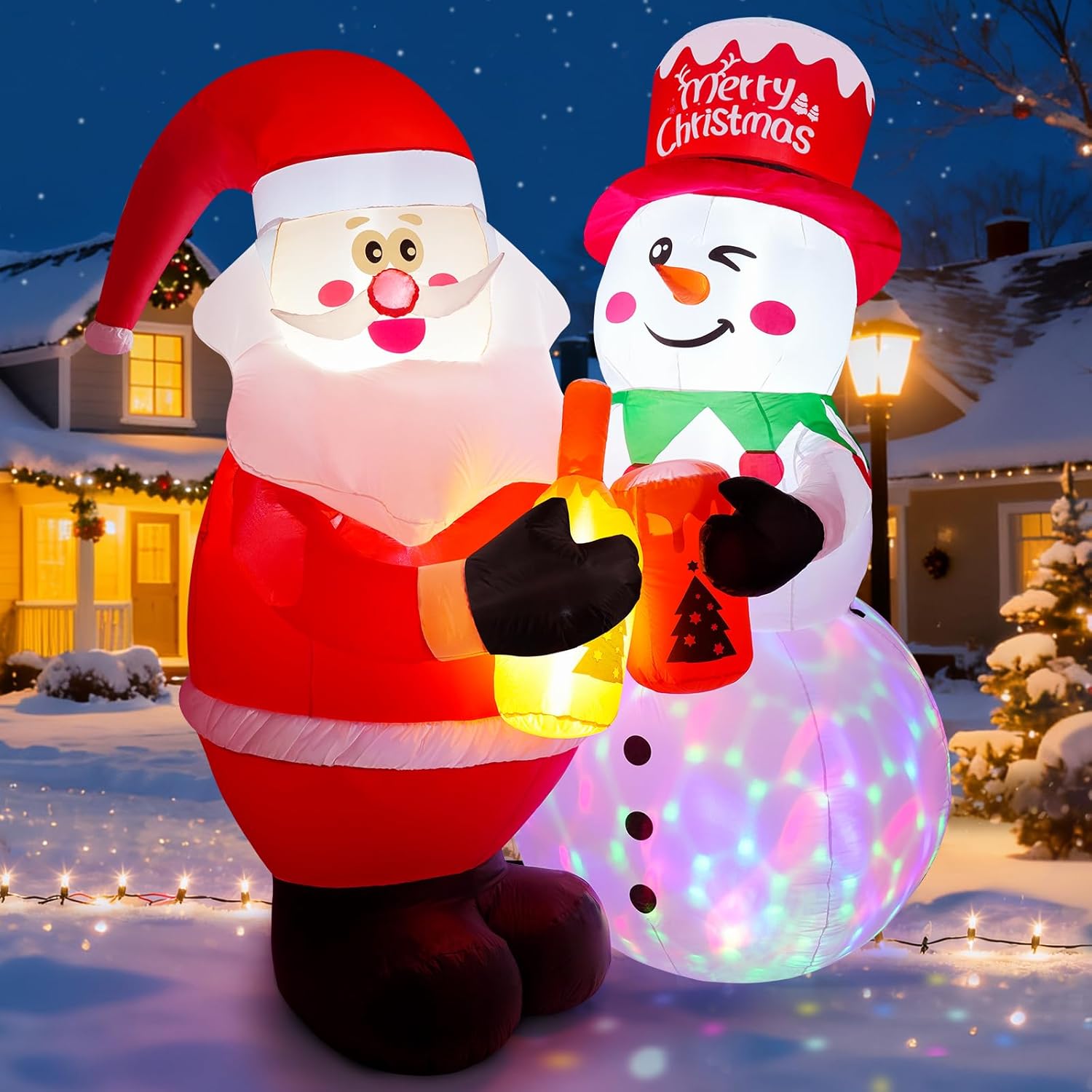 Meland 7FT Christmas Inflatable Outdoor Decoration, Inflatable Santa and Snowman Toasting with Light, Rotating Colorful LED, Blow Up Holiday Yard Decor for Family, Lawn, Garden & Christmas Party Cheer