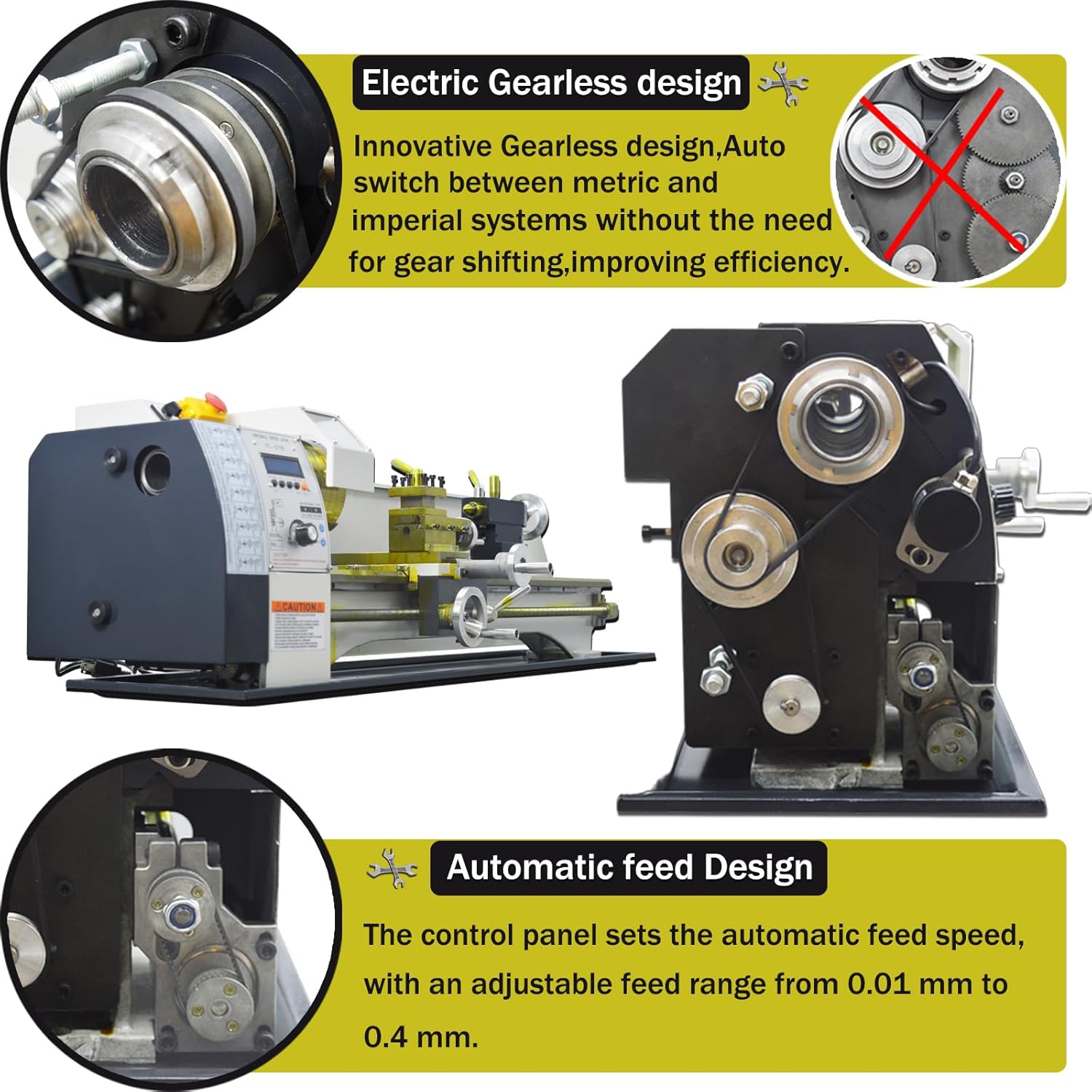 Mini Metal Lathe Precision Benchtop Lathe Machine Electronic Gearless Horizontal Lathe Metric and Imperial Bench Lathe 1100W Brushless Motor 110V