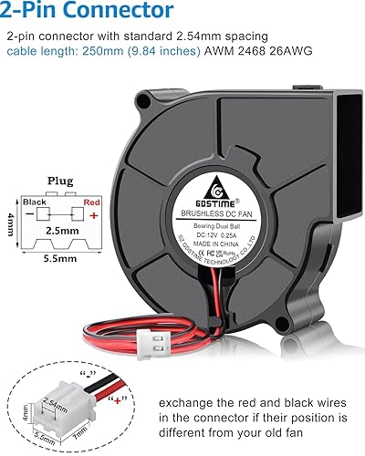 Vista 12 de GDSTIME 2.953 in x 1.181 in 7530 DC 12 voltios sin escobillas Turbo ventilador ventilador de refrigeración 2Pin