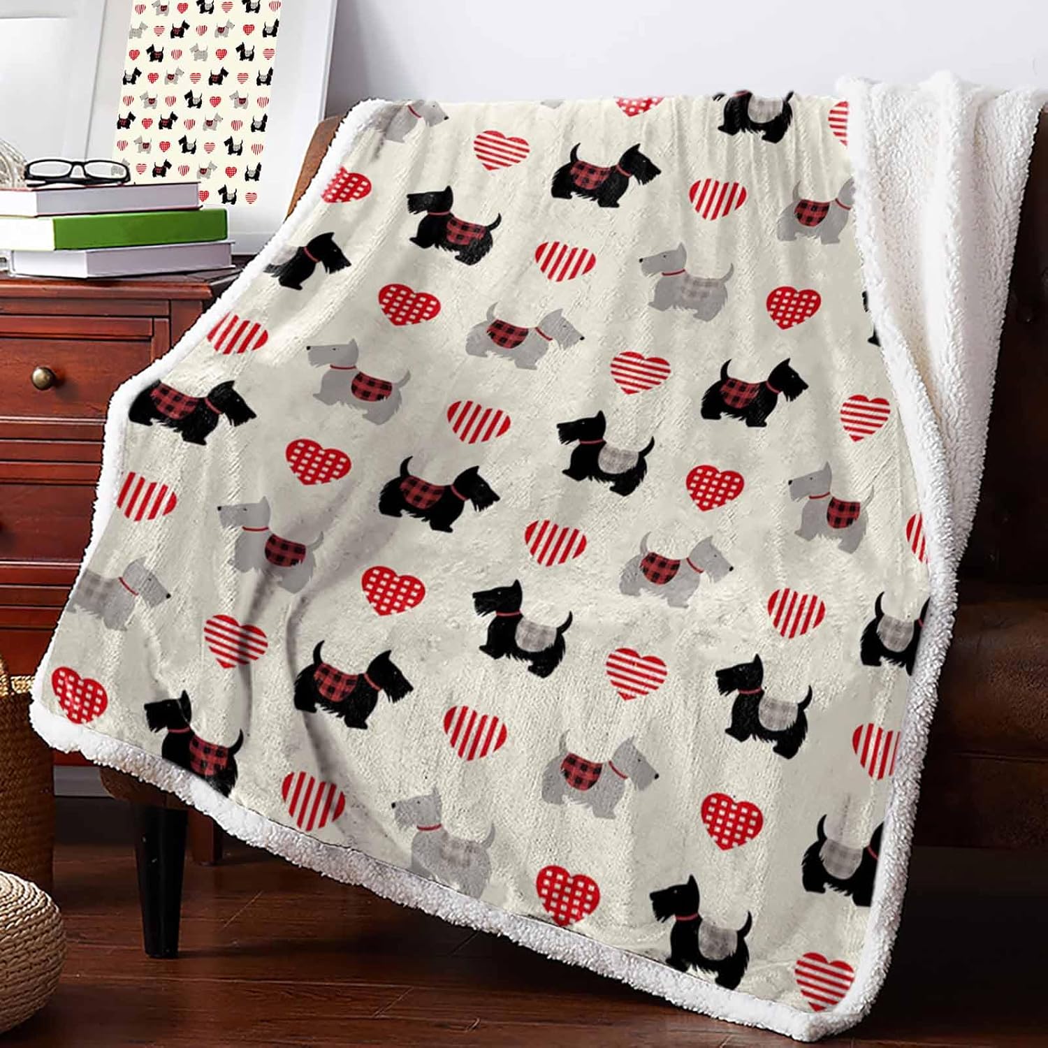 Sherpa Fleece Blanket Scottish Terrier and Love Heart Bed Blanket Soft Cozy Luxury Blanket 40"x50" - Fuzzy Thick Reversible Super Warm Fluffy Plush Microfiber Throw Blanket for Couch