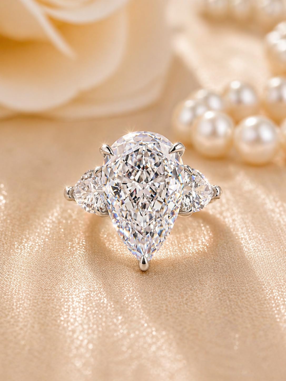 Maxinejewelry Luxury 8.0 CT Pink Stone Pear Cut Engagement Ring for Women, S925 Silver Three-Stone AAAAA Cubic Zirconia Promise Ring