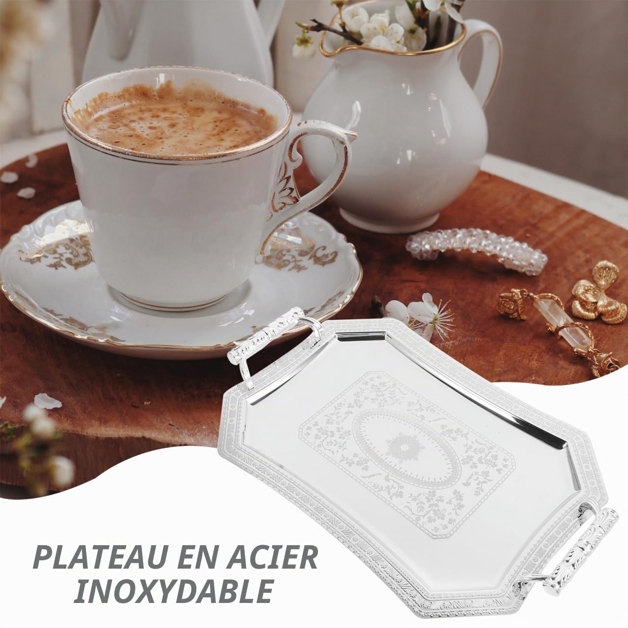 Plateau Style Vintage Élégant de Service à Deux Anses, Européen