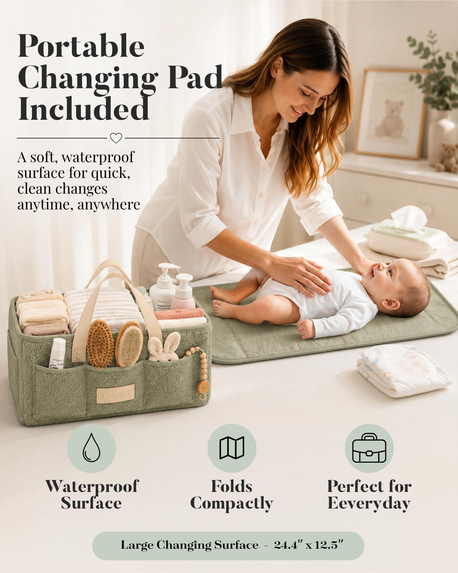 Baby-Wickeltasche mit tragbarer Wickelunterlage – Teddy-Fleece-Windel-Organizer für Wickeltisch – Korb für Wickelutensilien – Baby-Essentials Organizer mit herausnehmbaren Trennwänden