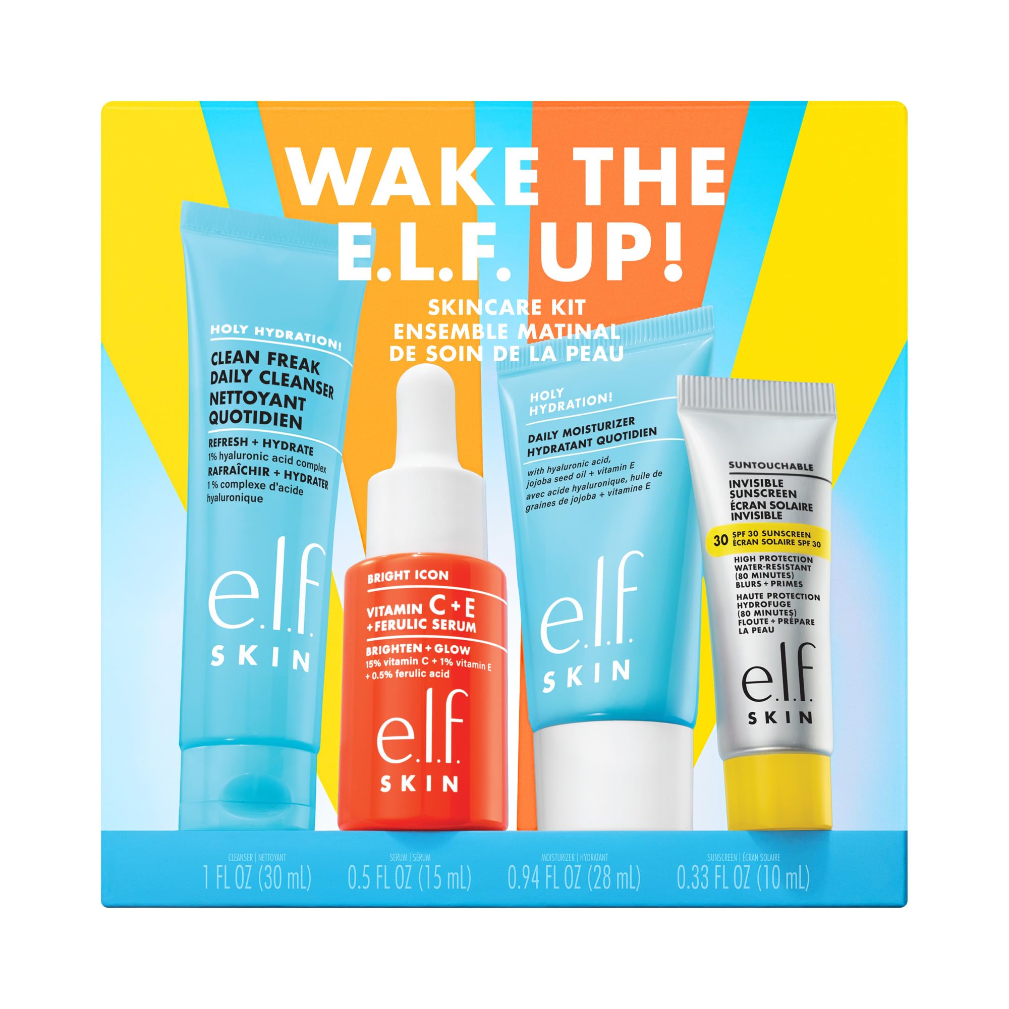 e.l.f. SKIN Wake the e.l.f. Up Skincare Kit, detergente viso idratante, protezione solare, idratante e siero illuminante in formato viaggio, prodotti vegani e non testati sugli animali