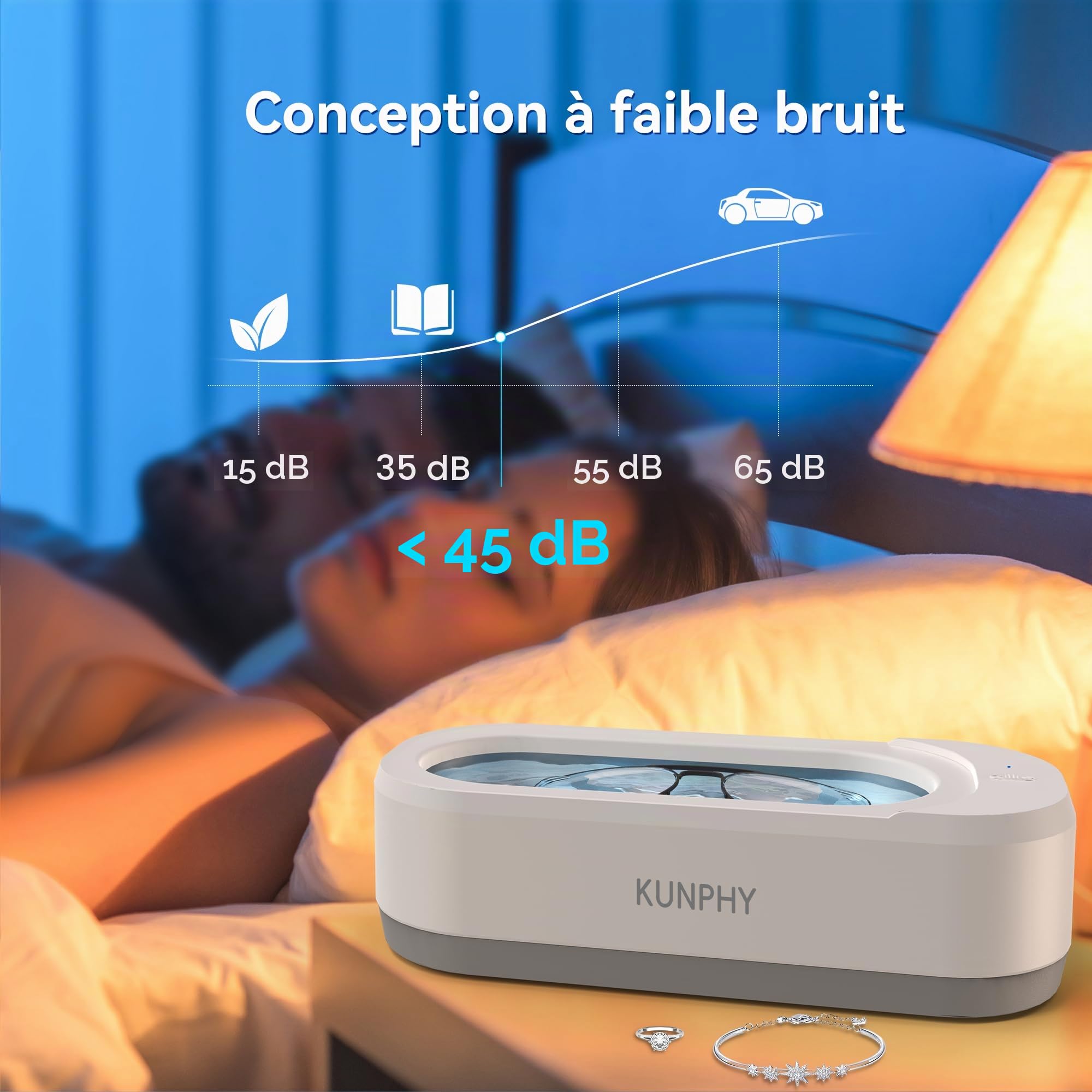 KUNPHY Nettoyeur Ultrason 48kHz Professionnel, Bac 400ML en Acier Inoxydable, 2 Modes 5/10 Min, Nettoyage Profond Silencieux pour Lunettes, Bijoux, Montres, Prothèses Dentaires et Outils Onglerie