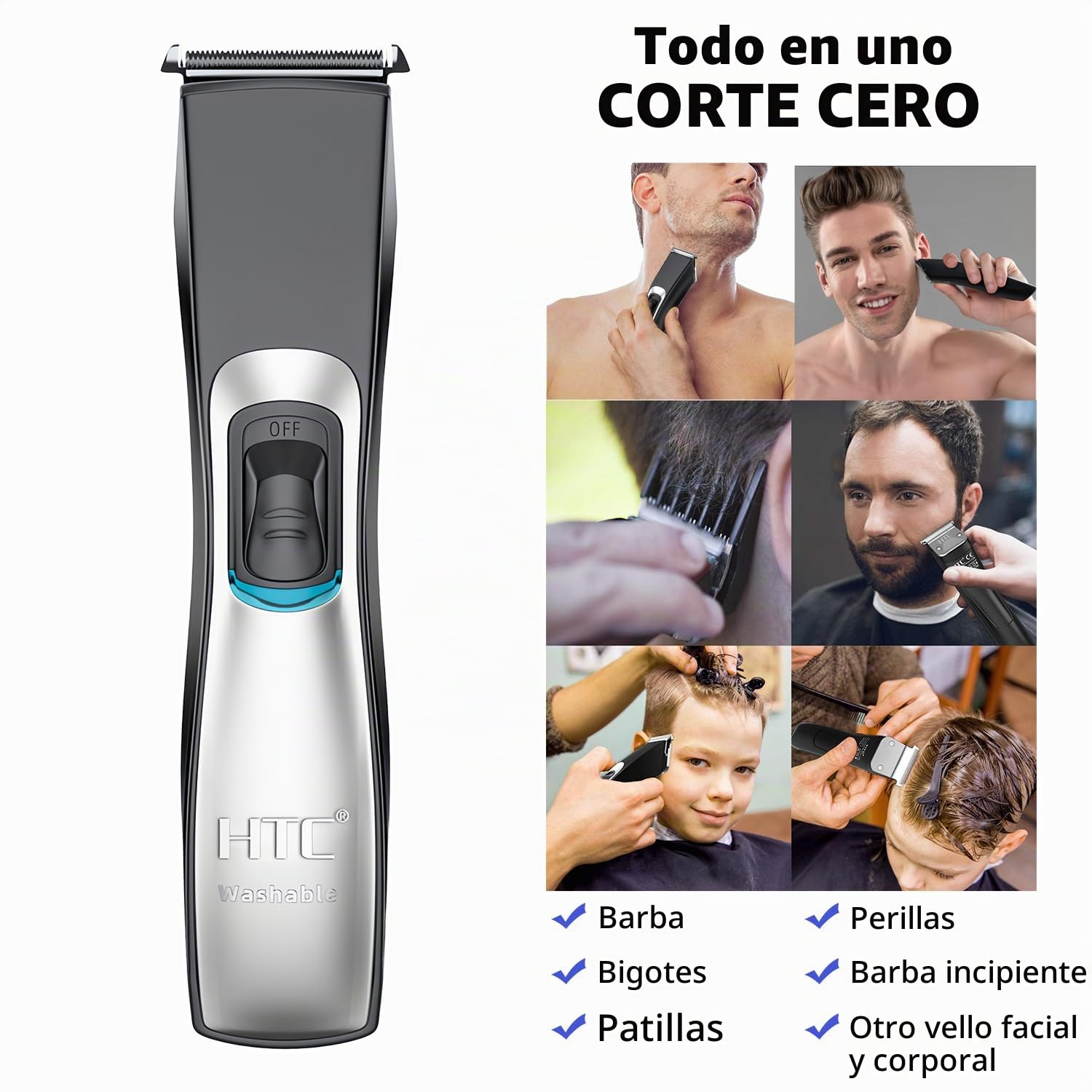 HTC Cortapelos y recortadora de barba para hombre, kit de corte de pelo eléctrico profesional todo en uno, totalmente lavable, con cable e inalámbrico, con recortadora para el cuidado del cabello y el