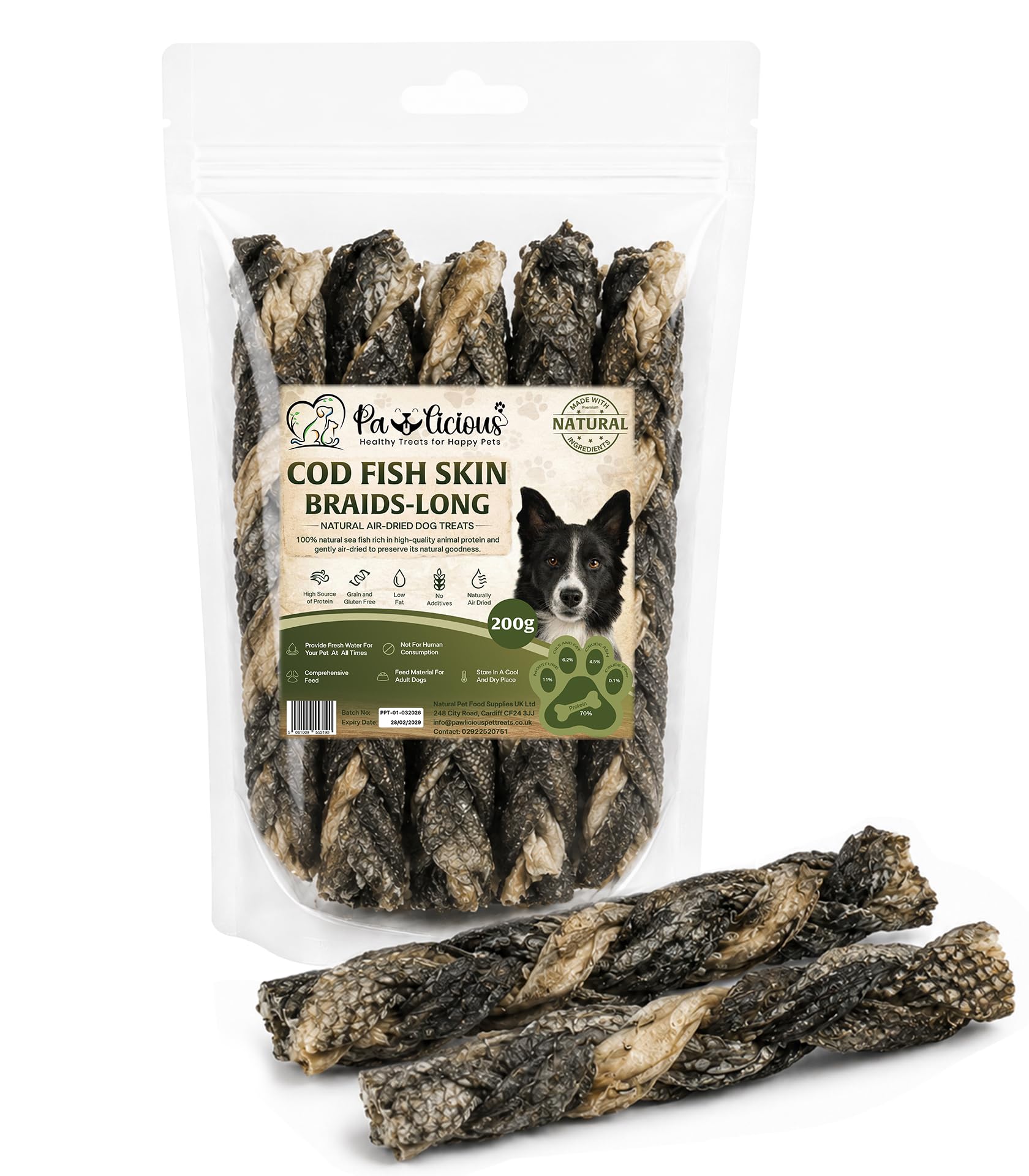 PAWLICIOUS Cod Long Fish Skin Braids for Dogs 200g, 100% Natural Single Ingredient Air Dried Fish Chews, Omega 3 & 6, Natural Collagen for Joint, Skin & Coat Health