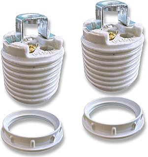 RXEAZIL E26 Ceramic Threaded Light Socket with White Aluminum Shade Ring, UL Listed Medium Base Standard Screw-in Light Bulb Socket Replacement, Porcelain Lamp Holder for Halogen LED Bulb (2)