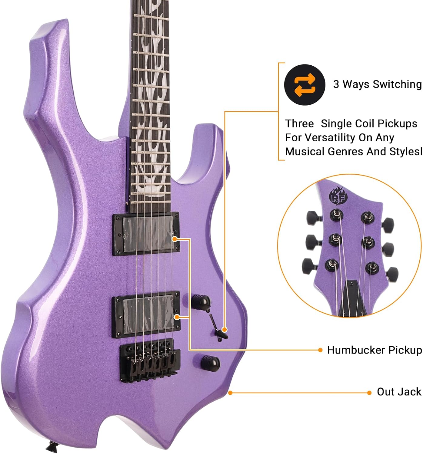 Electric Guitar Full Size Flame Design Set with Guitar Bag, Shoulder Strap, Amp,Tremolo Arm, Cable, Plectrum-Perfect for Beginners & Pros Solid Body Guitar (Metallic Purple)