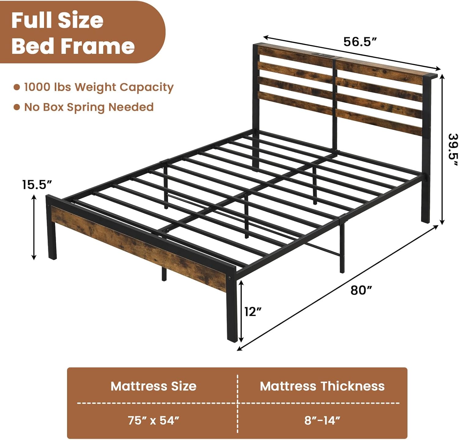 Giantex Full Metal Bed Frame with Charging Station, Industrial Platform Bed with Storage Headboard, Heavy-Duty Mattress Foundation, Easy Assembly, No Box Spring Needed, Rustic Brown